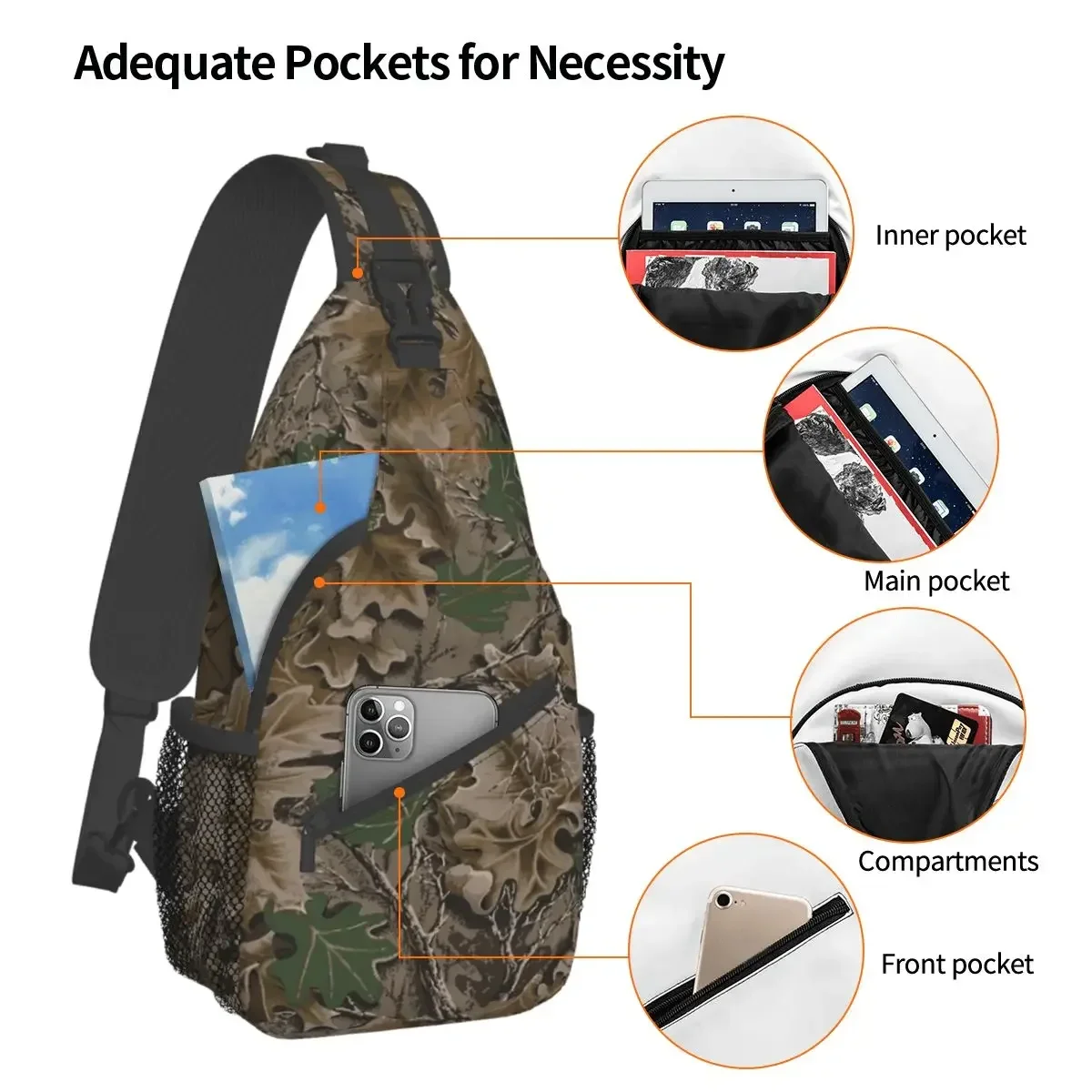 Real Tree Camouflage Camo Small Sling Bags Chest Crossbody Shoulder Backpack Hiking Travel Daypacks Military Cool Satchel