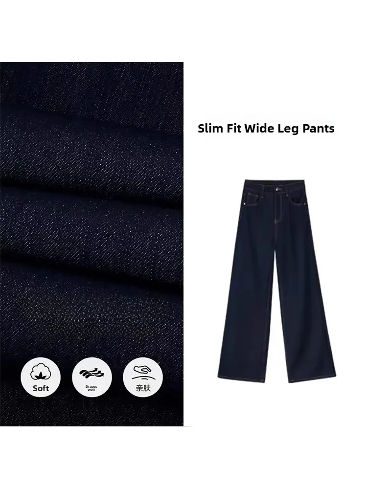 بالإضافة إلى حجم الحرير الأزرق العميق واسعة الساق الجينز المرأة رقيقة الأمريكية كسول Sle Drapey مستقيم قطع بنطلون عارضة عالية الخصر طويلة...