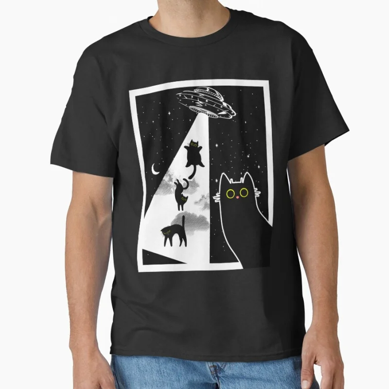 

Funny Cats With Alien UFO Spaceship 100% cotton printed t shirt for cat lover large size Adult tops S-6XL