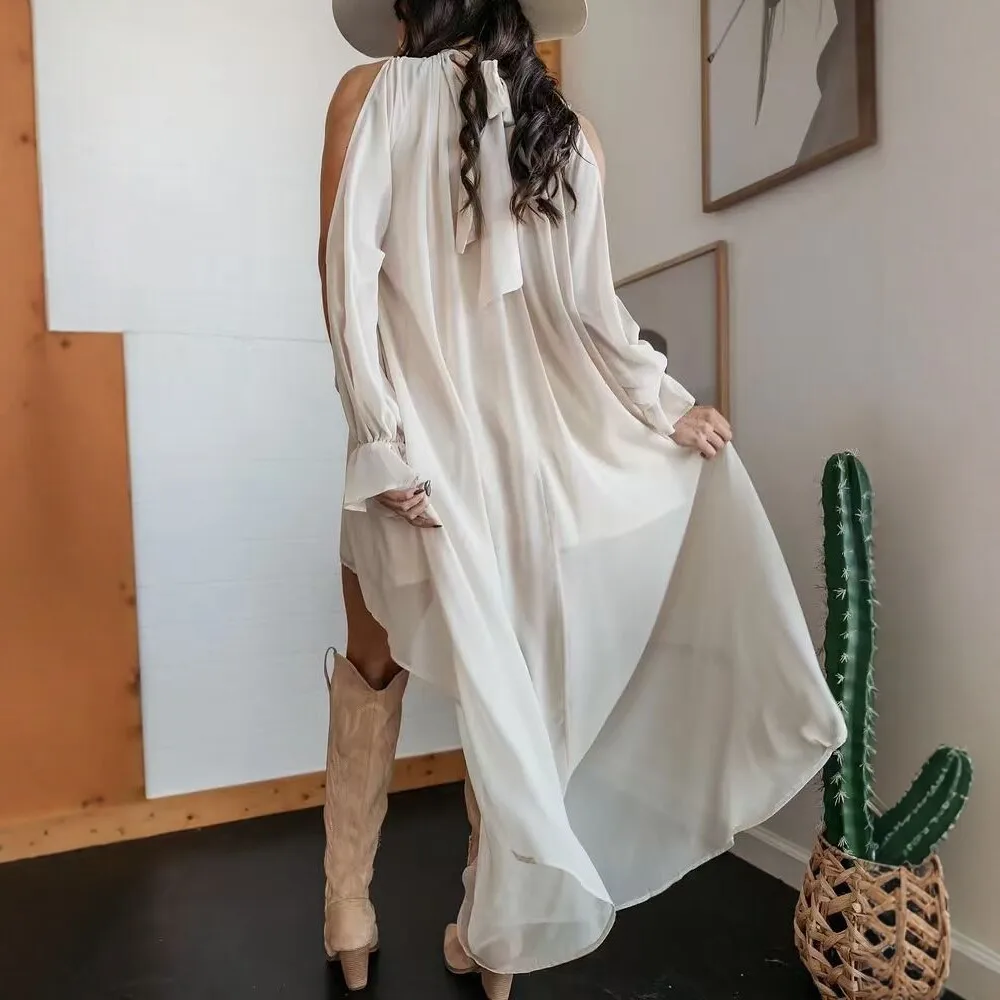 Bohemian Style Off Shoulder High Neck Asymmetrical Front Placket Short Back Long Skirt Women's Beach Wedding Party Short Skirt