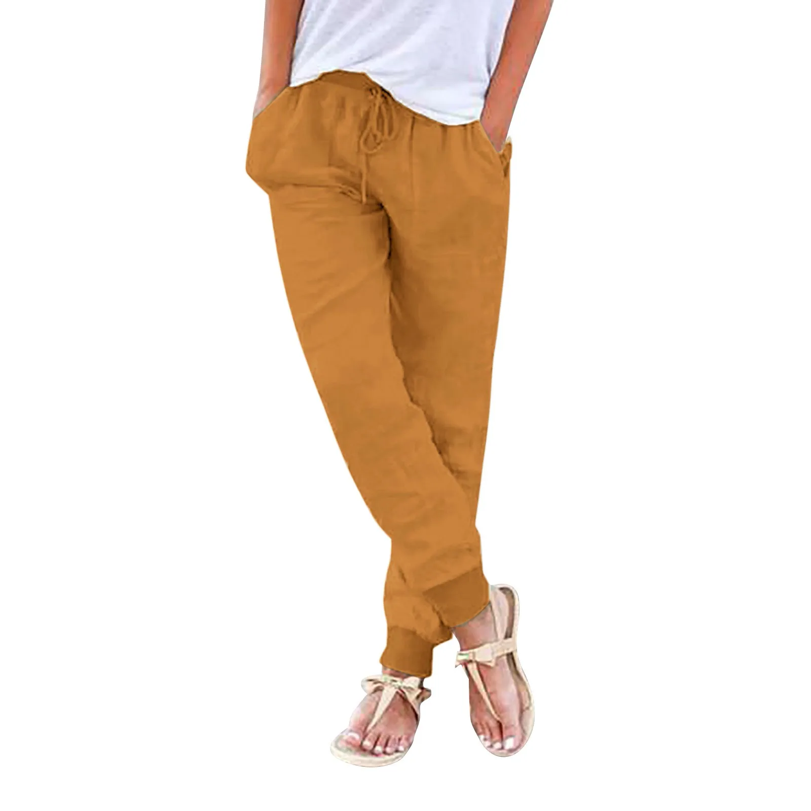 Pantalones bombachos suaves y sueltos para mujer, pantalón informal de imitación de algodón y lino con cordón, cintura elástica, transpirable, delgado, con bolsillo, hasta el tobillo