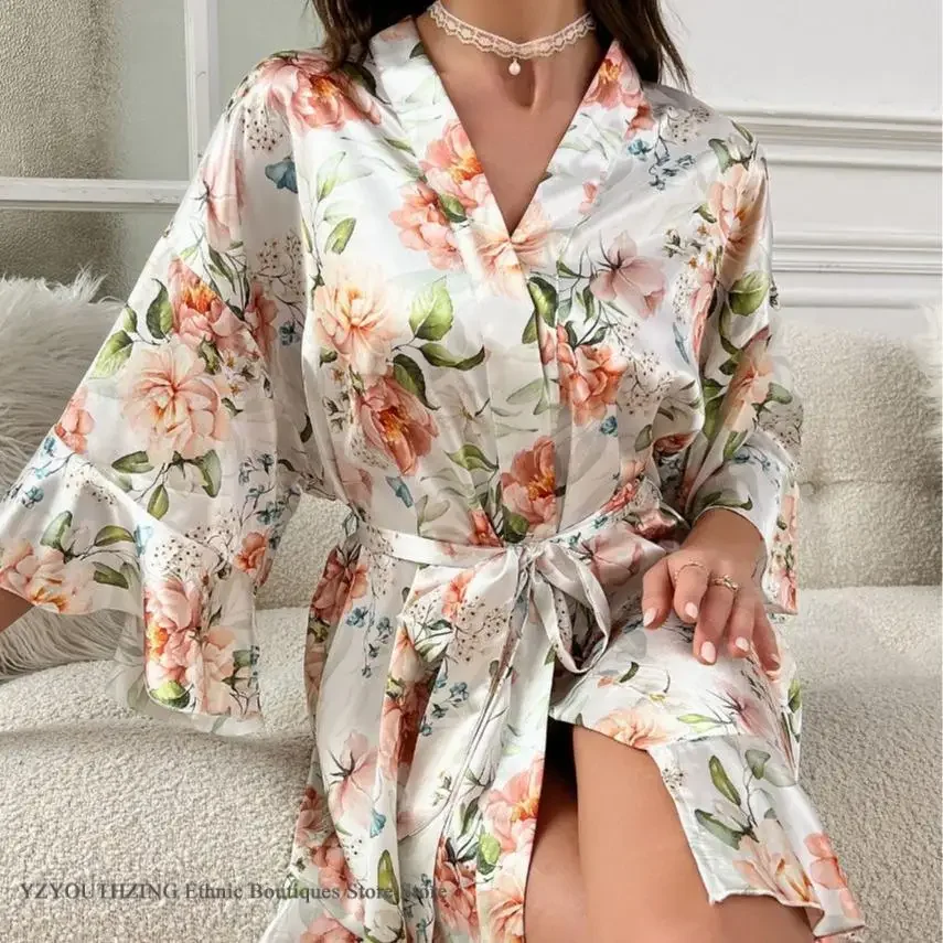 Spring Summer New Women's Sleepwear Robe Print Flower Kimono Bathrobe Gown Loose Night Dress Home Wear Ice Silk Loungewear