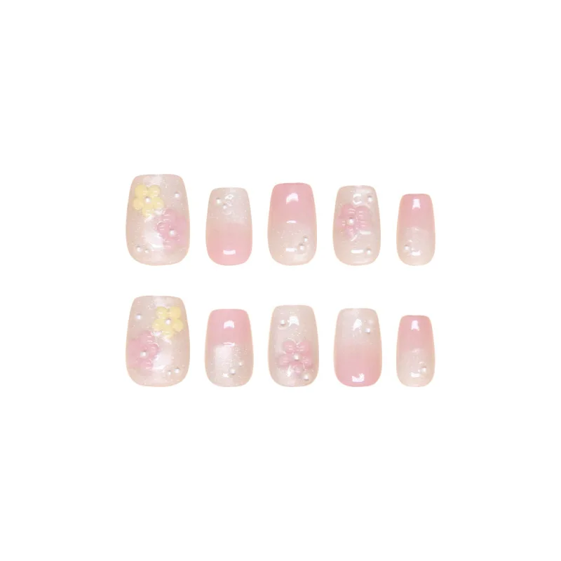 24개 네일 아트 팁 스윗 플라워 코핀 네일 프레스온 펄 숏 한국 리얼리스틱 인조 네일 2025