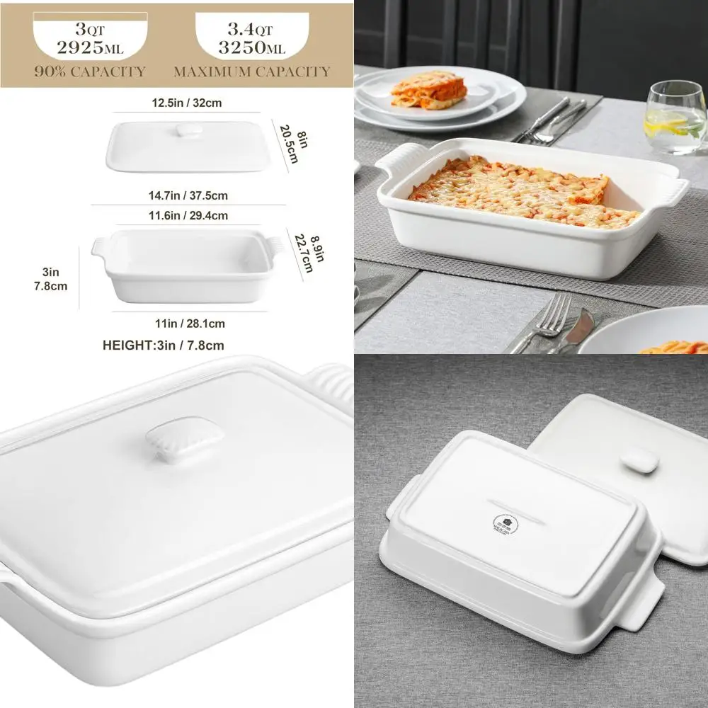 

White Porcelain 3.4 Qt Casserole Dish with Lid, 13x9 Inch Deep Lasagna Pan, Rectangular Oven-Safe Bakeware, Microwave Safe, Seri