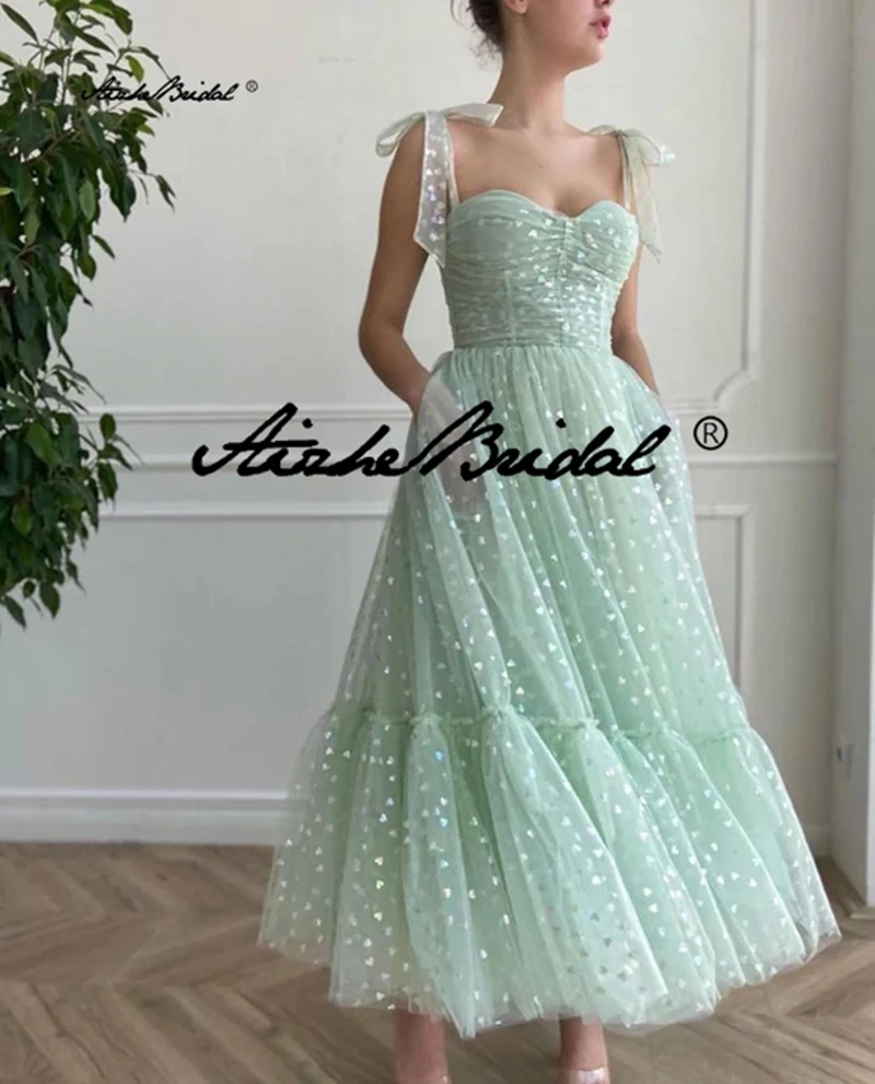 Vestido de fiesta de tul con estampado de corazón verde menta, vestido de fiesta con bolsillos laterales y tirantes con lazo, falda drapeada con borde superior, vestido de fiesta Formal