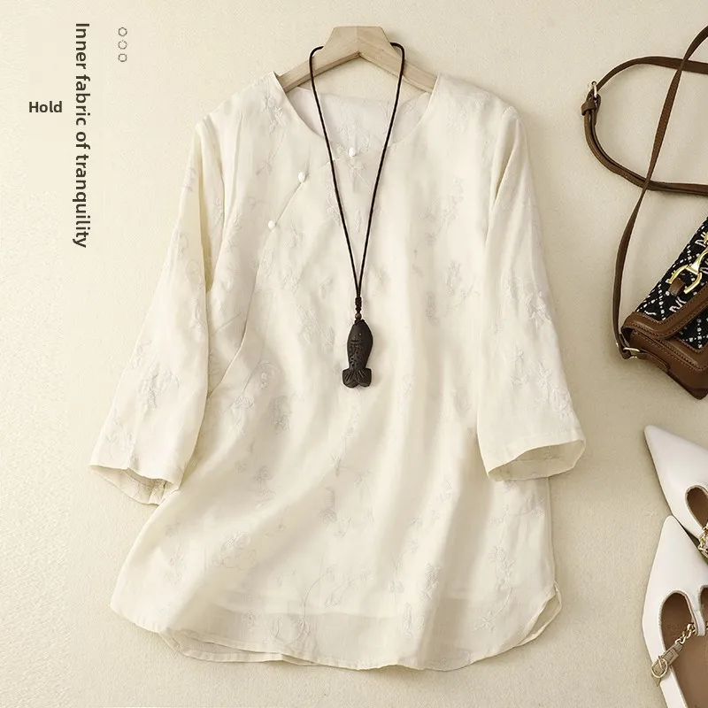 

New Chinese Sle Embroidered round Ne Cotton Linen Women's Loose irt Button Design Zen Retro Top Anti-Aging