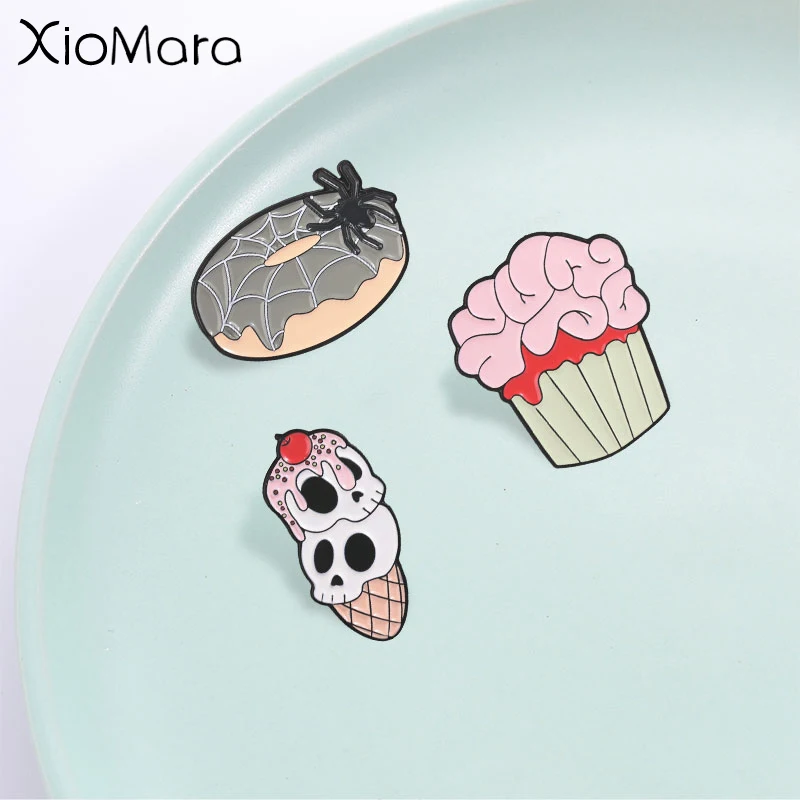 Gothic Halloween Dessert Badge, Skull Ice Cream Brain Cupcake Spider Donut Enamel Pin, Fashion Accessory, Gift For Gothic Lovers