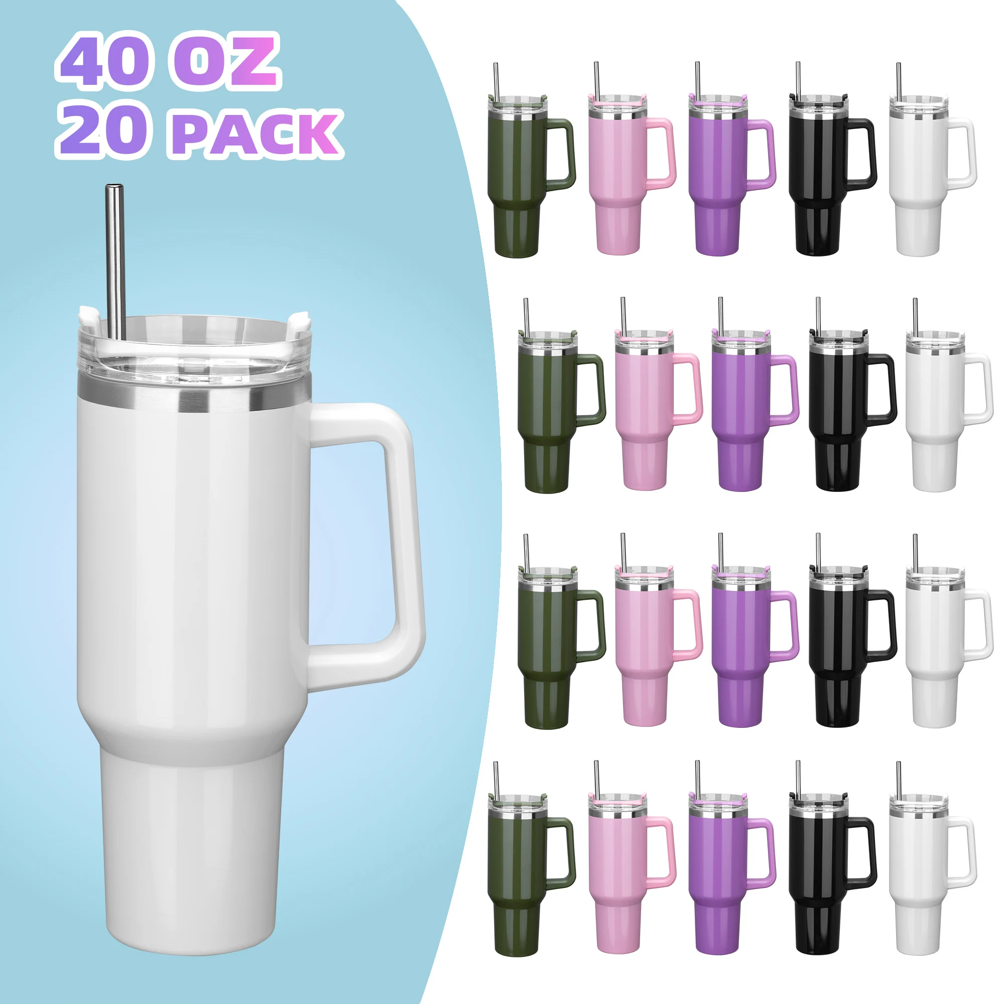 

20 Pack 40OZ tumbler （generation），Detachable Handle With lid and Straw, Laser engraved coffee travel mug
