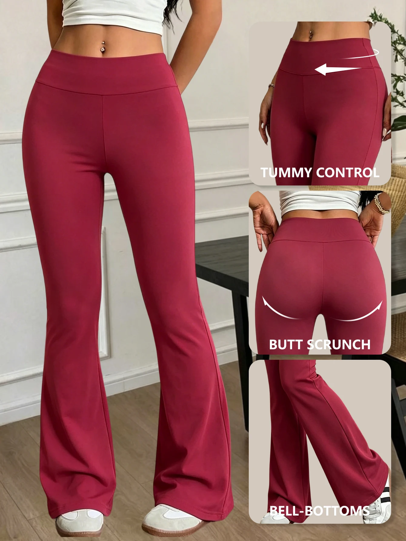 Red Womens Flare Pants Slim Fashion Minimalist Long Pants Suitable For Sports Fitness Running Soft And Deformation Resistant Fab
