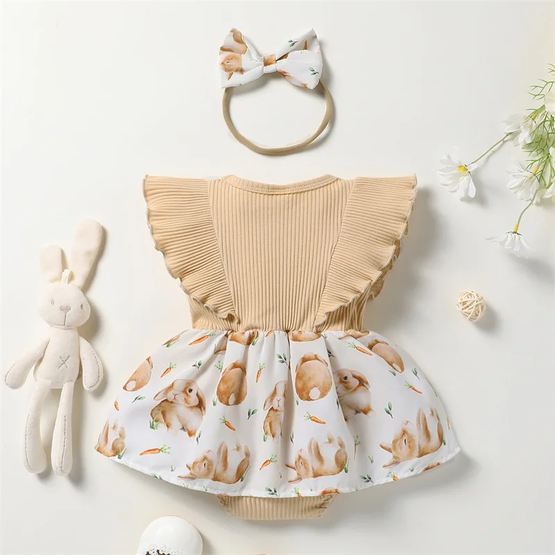 

Newborn Baby Girl Outfit Ruffle Sleeve Rabbit Print Romper Dress with Bowknot Hairband Clothes