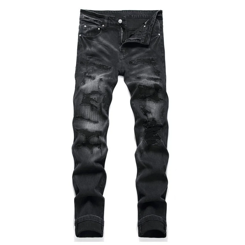 Men's retro black ripped jeans, fashionable stretch slim fit, fashionable pants, versatile men's pants, all season jeans