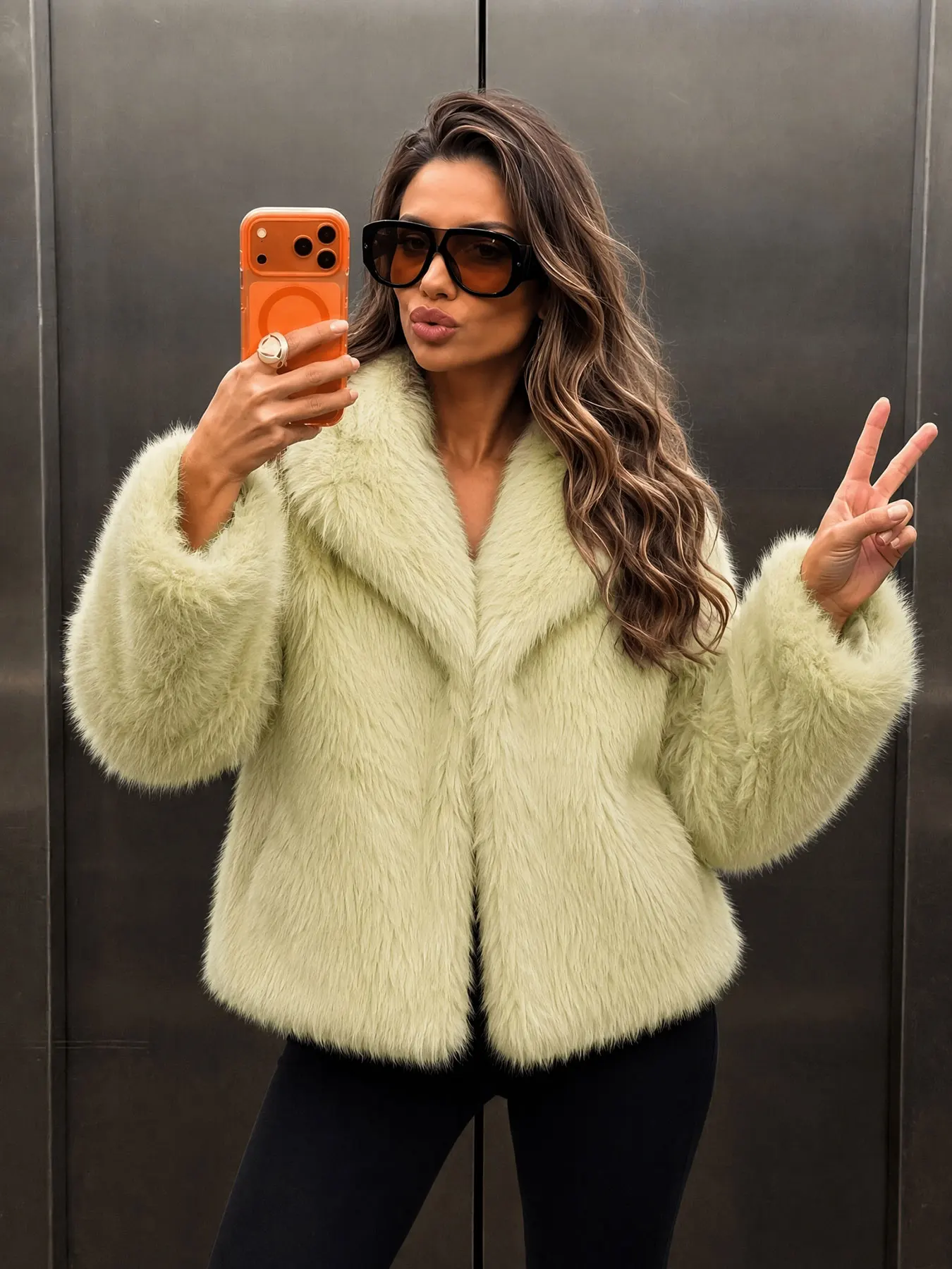 Fashion Party Womens Lapel Single Breasted Outerwear Faux Fur Cropped Jacket Causal Winter Vacation Pockets Long Sleeves Coat