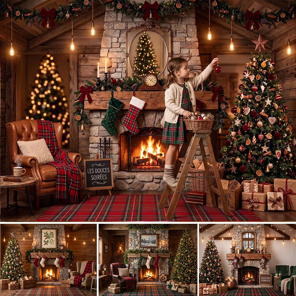 Mocsicka Christmas Stone Fireplace Backdrop Photography Garland Stocking Lantern Xmas Tree Wreath Background Kids Studio Photo