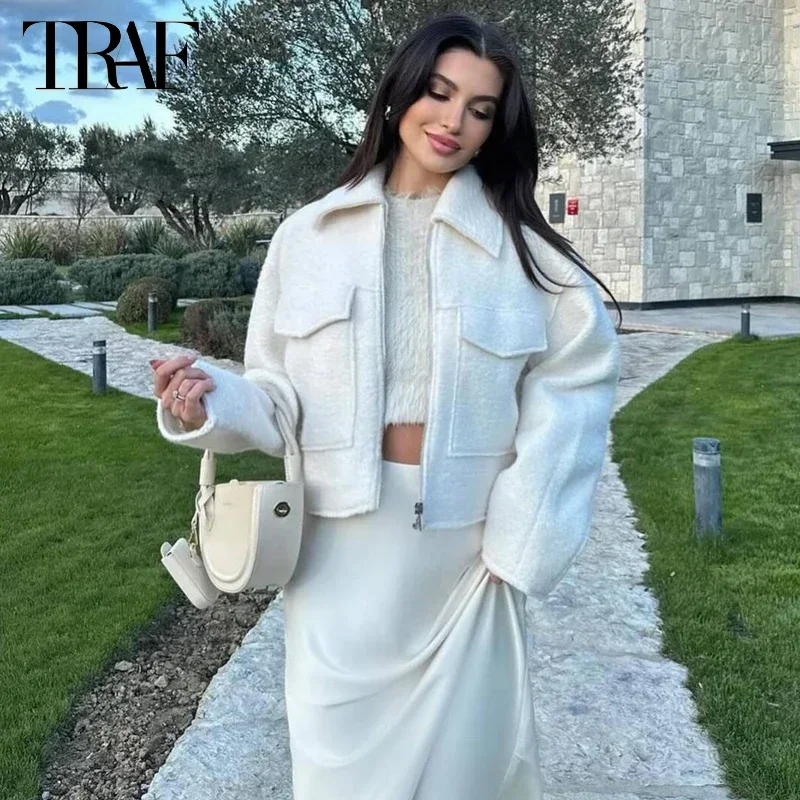 

New 2025 White Tweed Jacket Women Cropped Bomber Jackets for Women Long Sleeve Zipper Jacket Woman Autumn Streetwear Outerwears