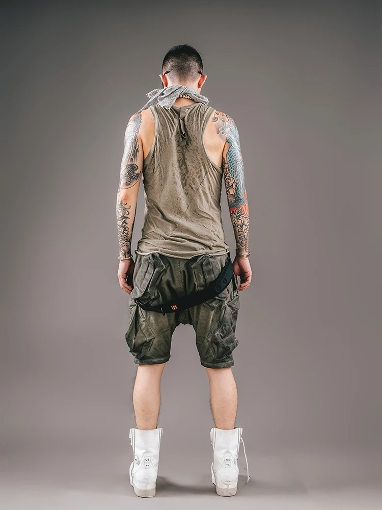 Washed Vintage Casual Pants Shorts Heavyweight Color Block Fabric Five-Quarter Length Workwear Style Urban Fashion Youthwear