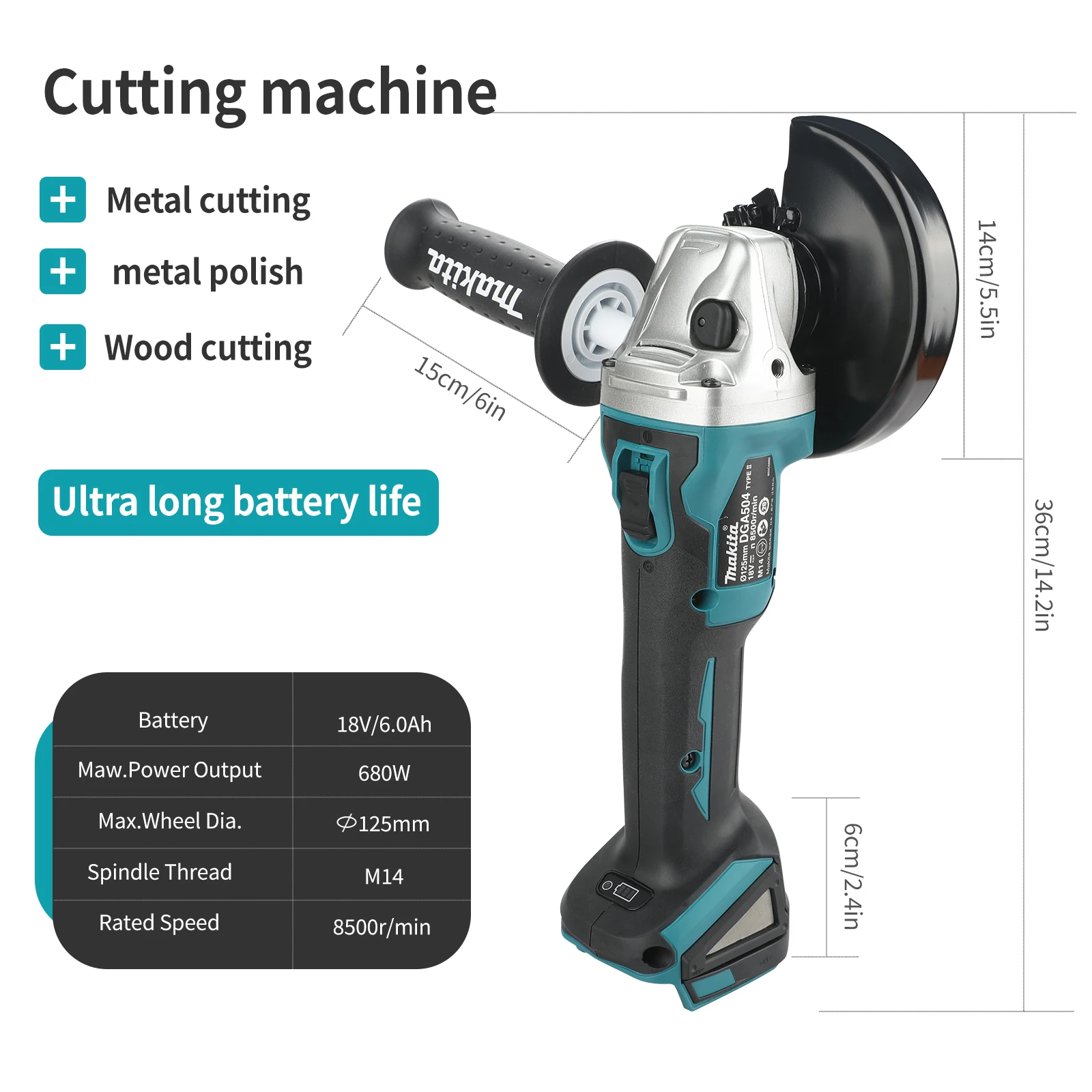 Makita 18V New DGA504 Cordless Grinder 125mm Wheel,6.0Ah Li-4-1/2” / 5" Cut-Off/Angle Grinder,For Metal Grinding&Wood Cutting