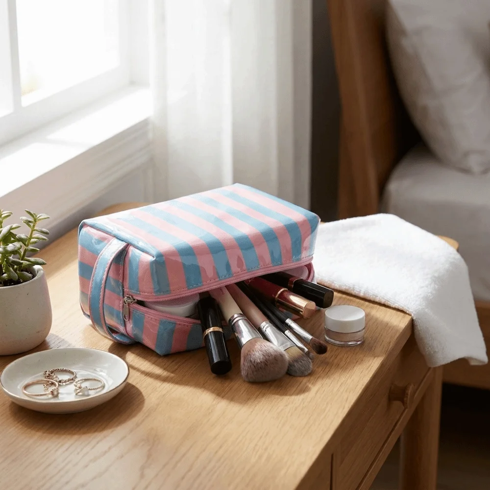 Waterproof Striped Toiletry Bag Pink Large Capacity PVC Makeup Organizer Portable Simple Toiletry Storage Bag Weekend Getaway