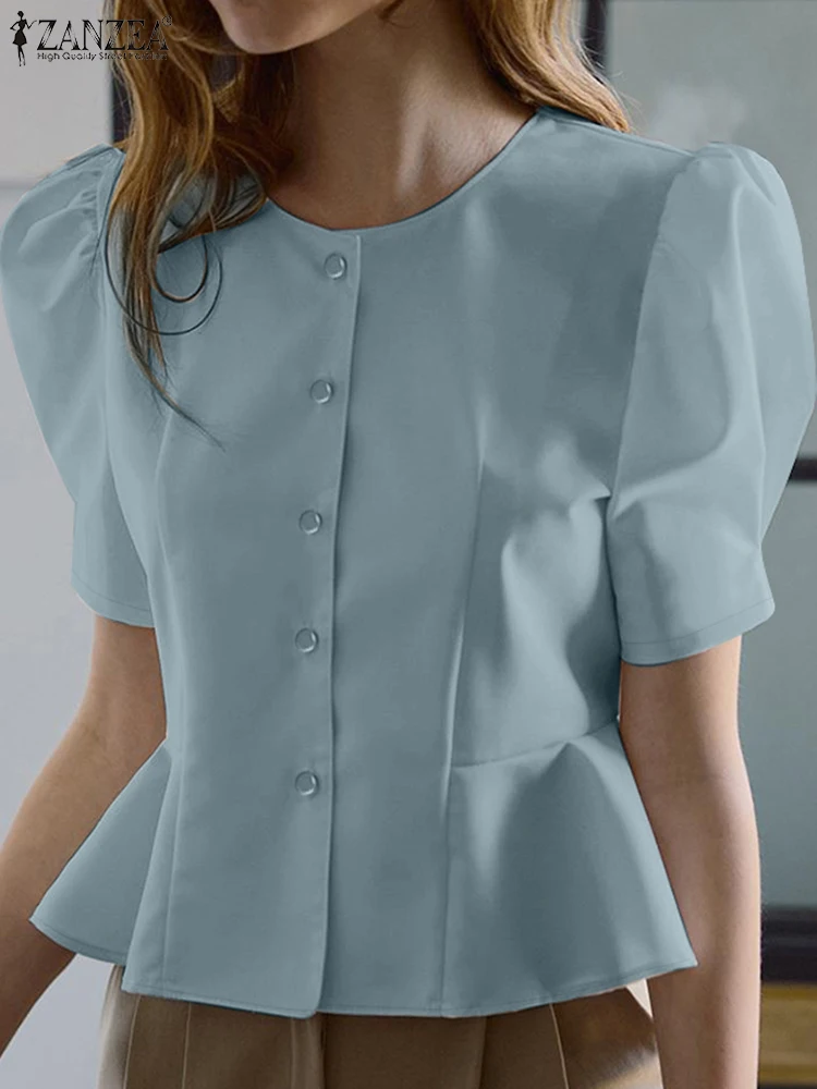 

2025 ZANZEA Elegant Short Puff Sleeve Work Blouses Summer Office Shirt Women Buttons Up Tunic Tops Stylish Solid Slim Fit Blusas