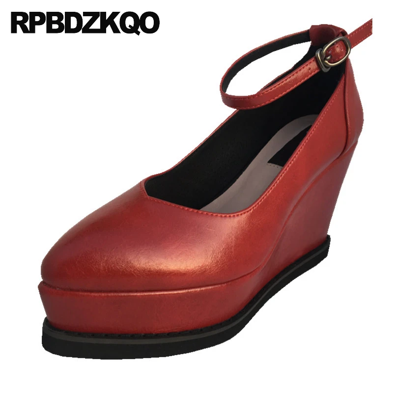 

Wedges 33 Shoes Ankle Strap Small Size Women Burgundy Real Leather Platform High Heels Pumps Cow Skin Super-high Pointed Toe