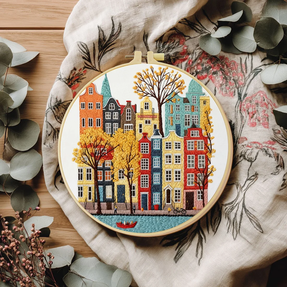 1pc 20X20CM/15X51CM cityscape Embroidery Starter Kit DIY Cro
