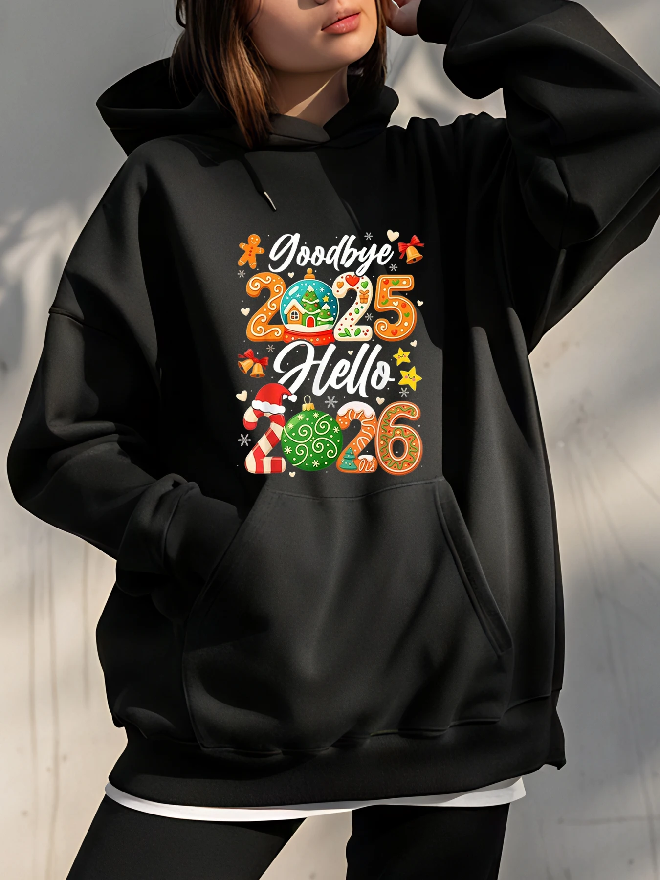 Felpa con cappuccio natalizia Addio 2025 Hello 2026 Stampa Felpa casual unisex Abbigliamento da festa per donna Uomo