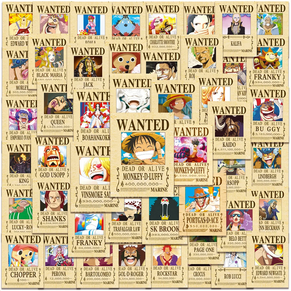 10/30/50pcs Anime One Piece Wanted Posters Graffiti Stickers DIY Phone Laptop Car Wall Waterproof Cool Luffy Zoro Sticker Toys