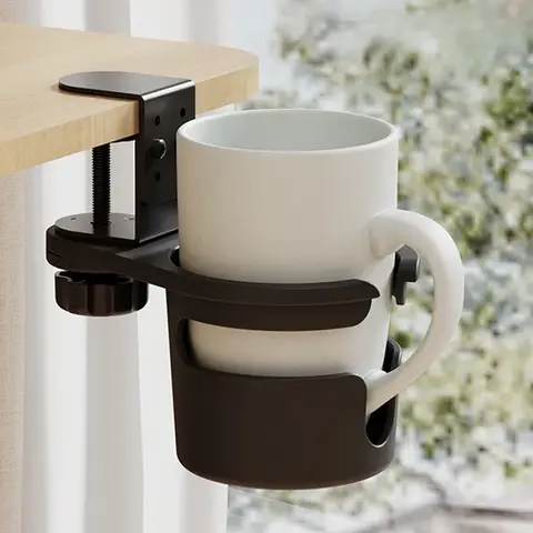 Desk Cup Holder Clamp Adjustable Clip on Coffee Cup Drink Bottle Storage Rack 360° Rotating Upgraded Arm for Desk Home Office