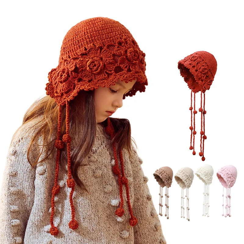 

1-6 Y Beanie Hat Fashion Hand Woven Hollow Bowhead Girls Hat Women's Hook Flower Ethnic Wind Su Ear Strap Pullover Knitted Hat