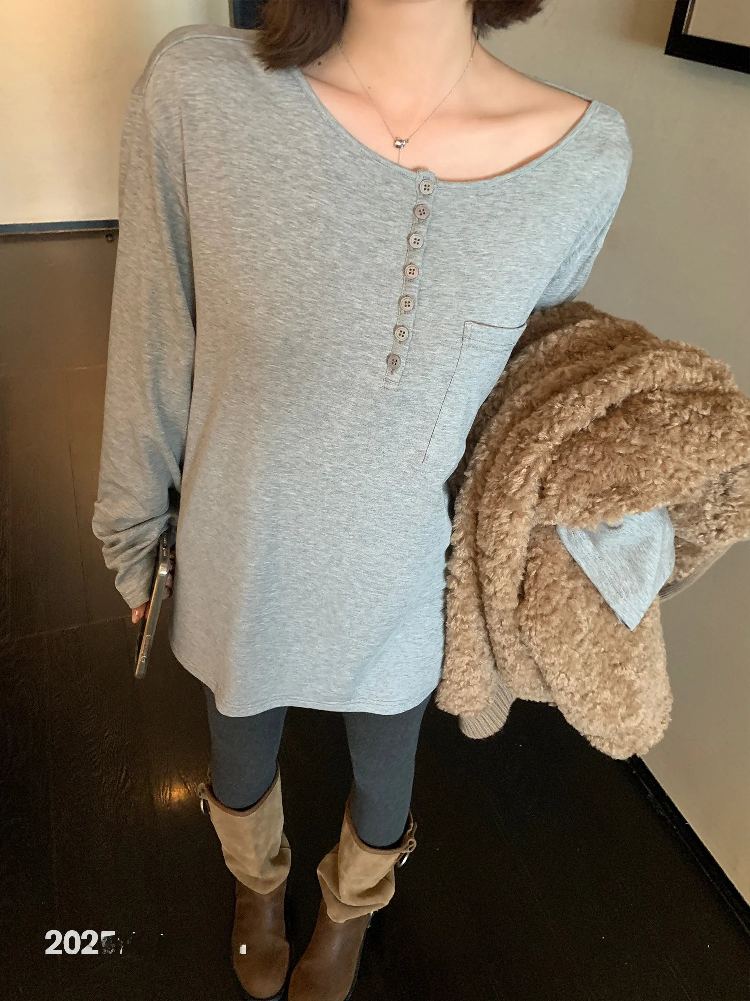 

Свободный вязаный топ с длинным рукавом и круглым вырезом для женщин, базовый слой, нижнее белье, SUONE Henry Bule, зимняя новинка, стиль для повседневной носки