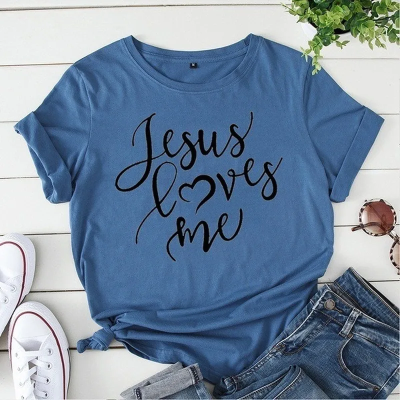 JESUS LOVES ME Letter Print T Shirt Women Short Sleeve O Neck Loose Tshirt Summer Women Tee Shirt Tops Camisetas Mujer