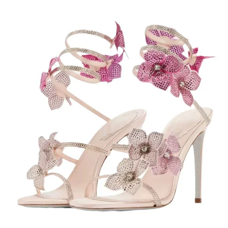 Eilyken Street Style CRYSTAL Flower Thin Heels Women Sandals Sexy Narrow Band Ankle Strap Ladies Shoes Zapatos De Mujer