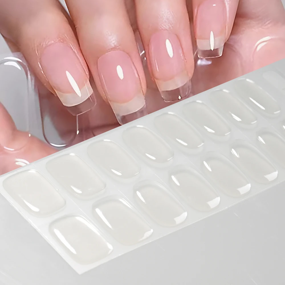 16Tips/Sheet Clear Semi Cured Gel Nail Stickers Full Cover Nail Polish Strips UV/LED Long Lasting Nail Wraps Decals &1pcs File