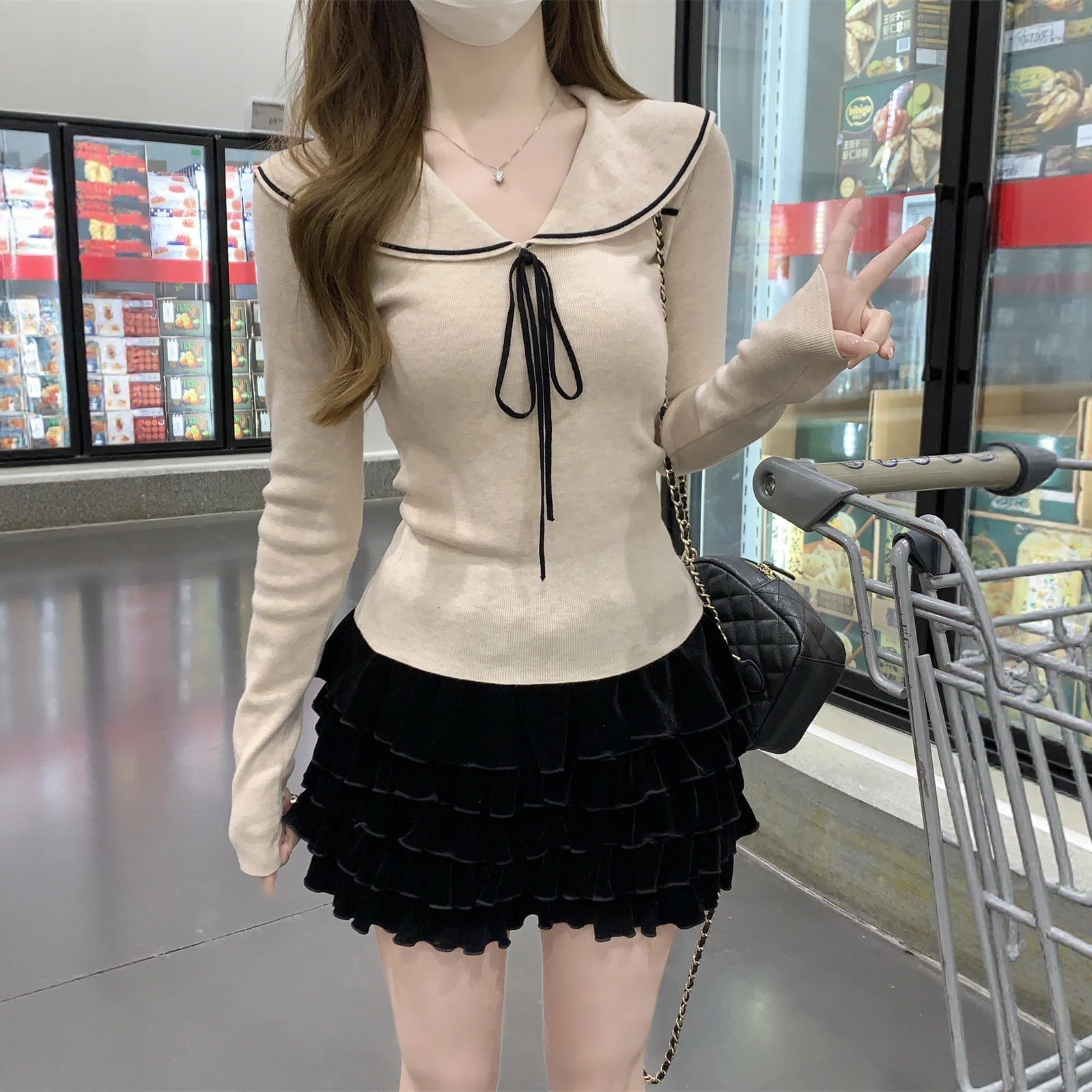 

Корейский вязаный свитер с воротником-бантом, женский, осенне-зимний, для ношения под одеждой, облегающий базовый слой, для повседневной носки