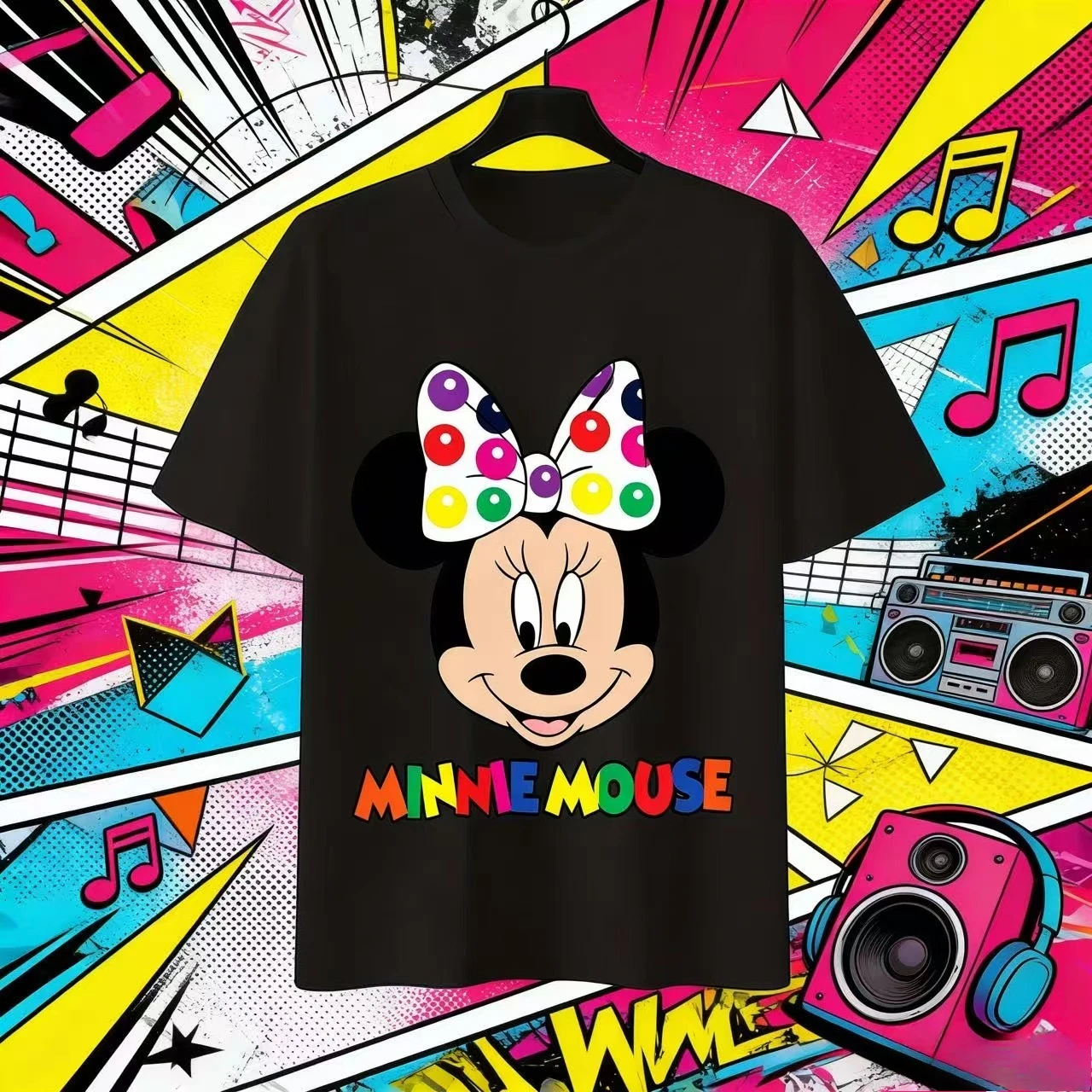 เสื้อยืดลายมินนี่เมาส์ของดิสนีย์พร้อมโบว์ลายจุดหูที่เป็นเอกลักษณ์ เสื้อยืดแขนสั้นคอกลมลำลองสำหรับฤดูร้อนที่ระบายอากาศได้ดี