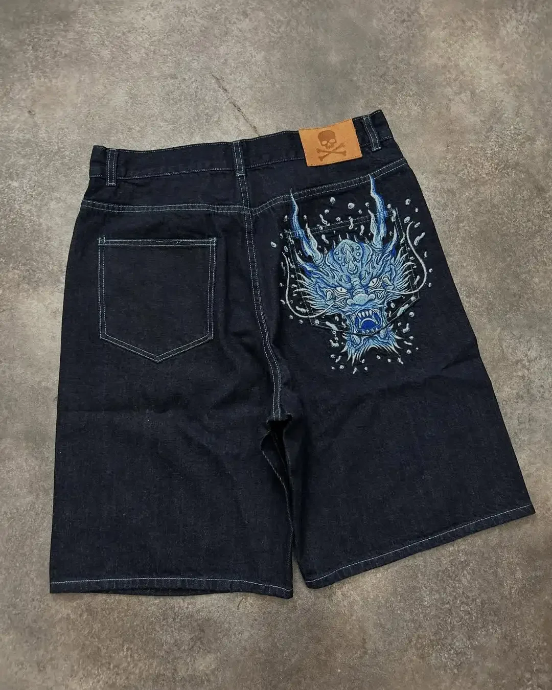 

American Street Popular Denim Shorts Dragon Pattern Five Cent Casual Shorts Men Harajuku Hip Hop Loose Sports Shorts Streetwear