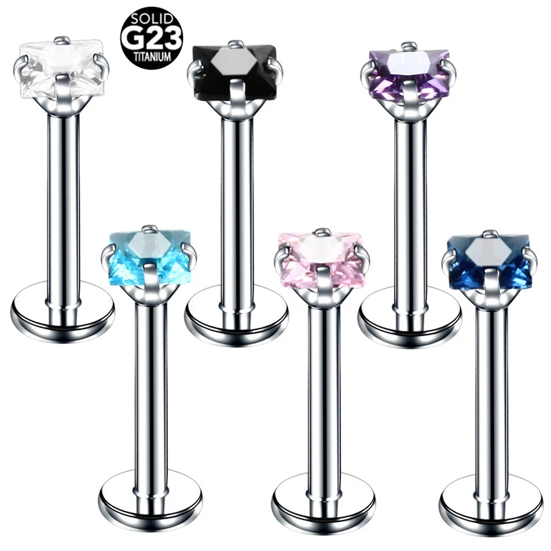 1Pc G23 Titanium 16G Ear Piercing Fashion Classic Earrings Unisex Body Piercing Labret Lip Stud Zircon Anodized Prong Gemstone