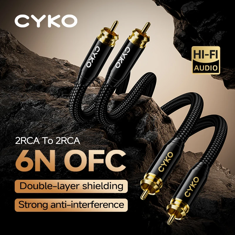 CYKO HIFI 1 Pair Stereo 6N OFC High-performance Premium 2RCA to 2RCA Audio Cable For Speaker Amplifier DVD
