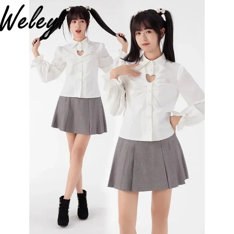 

Japan Sweet Jirai Kei Love Hollow White Shirt Woman Original Jk Long Puff Sleeve Waist Strap Tops Women Blouse Roupas Femininas