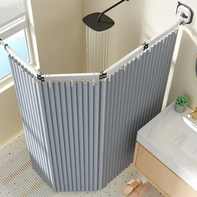 No Drill Folding Shower Curtain - Waterproof Mildew-Resistant Aircraft Aluminum Bathroom Rod for Wet-Dry Separation
