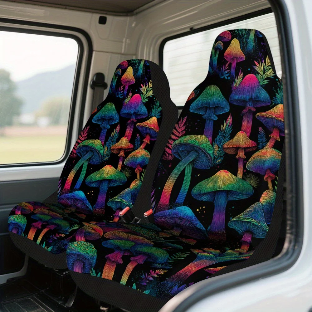 2pcs Vibrant Colorful Mushroom Design Car Seat Cover Set For Most Cars – Trendy, High-Quality, Durable Seat Protectors, Fit, E