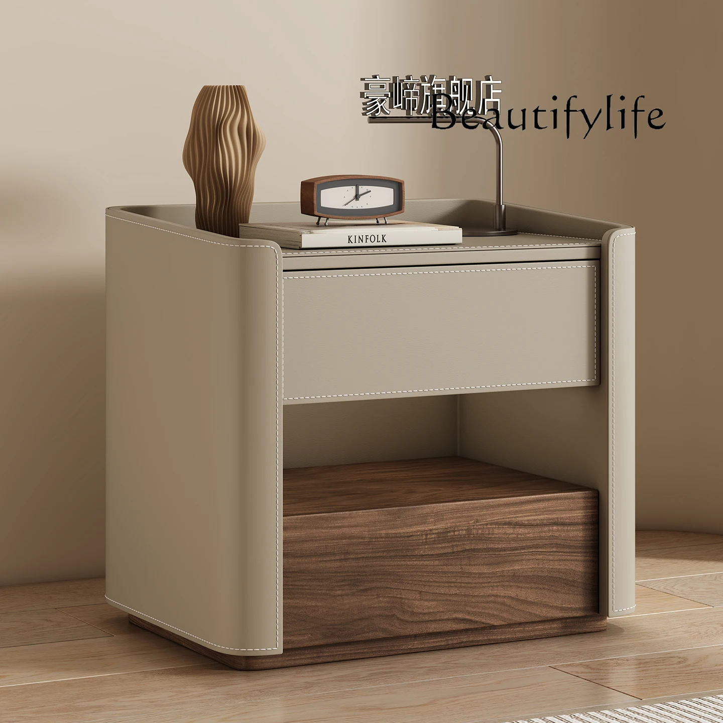 New medieval style home bedroom bedside table simple and creative all solid wood saddle leather simple