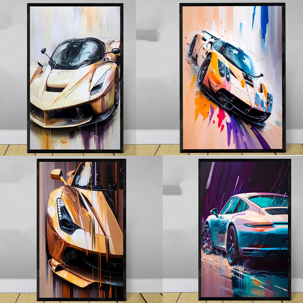 Cartoon Sport Car Watercolor Painting Wall Art, Modern Supercar Race Poster, Home Decoration, Aesthetic Room Decoration