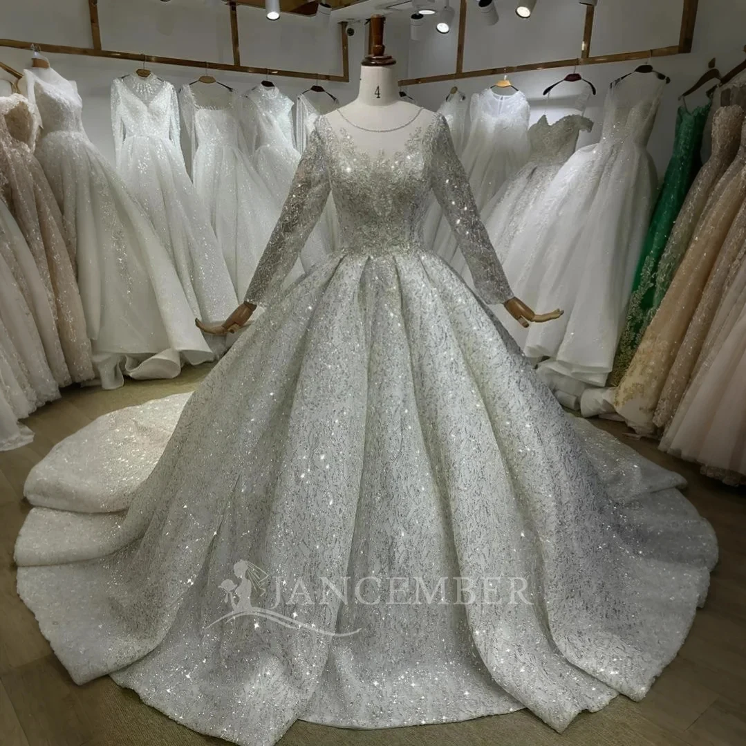 

Customized Gorgeous Ball Gown Wedding Dresses O-Neck Elegant Sequins Women's Long Sleeve Lace Bridal Gowns Vestidos De Novia