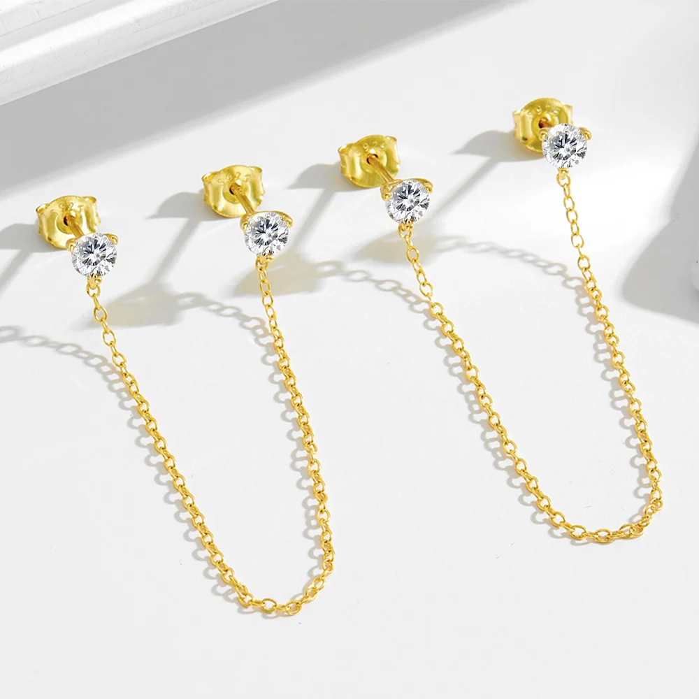 

925 Sterling Silver Moissanite Double Studs Chain Tassel Earrings For Women Certified Lab Diamond Party Jewelry Wedding Gift