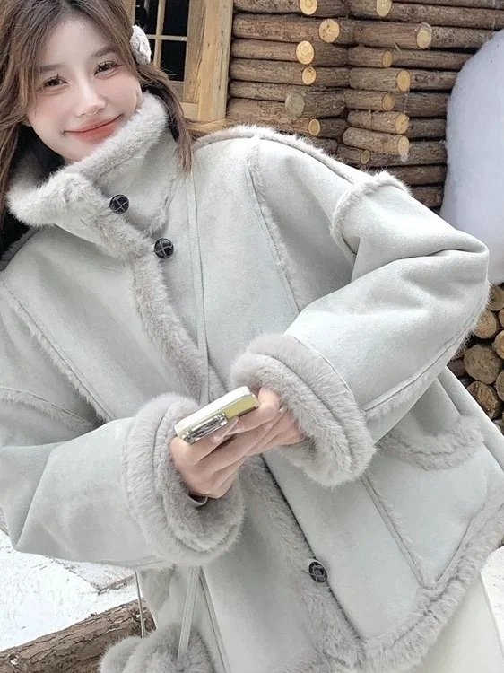 Coreano Sle Thiened Pelle scamosciata Jaet Donna Loose Fit Pelliccia Pelle Inteata Autunno Inverno Nuovo arrivo ort Capispalla