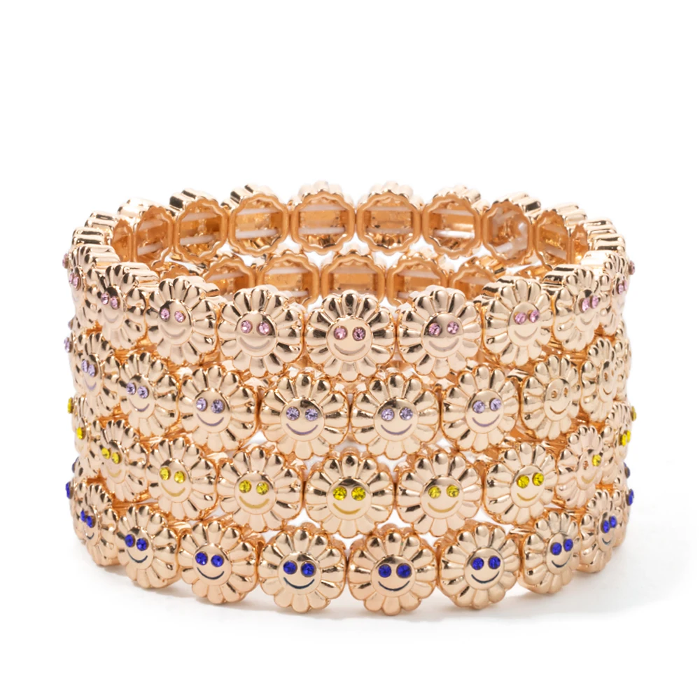 2024 New Design Sunflower Happy Bangle For Women Gold Color Boho Elastic Beaded Bracelets Hand Accessory