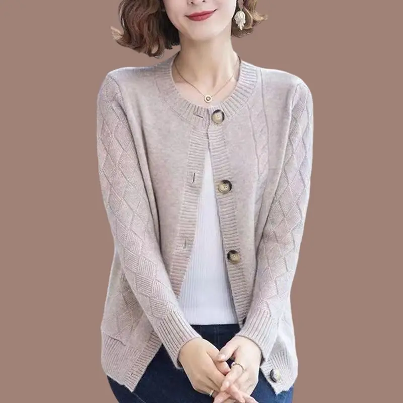 Autumn and Winter Women\'s Round Neck Screw Thread Button Pockets Solid Loose Sweater Fashion Casual Elegant Long Sleeve Tops