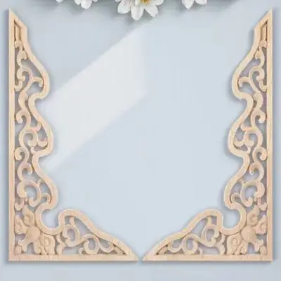 

2pcs Wooden Carved Onlay High-Quality Wood Carving Applique For Cabinet Door Furniture Decor Unpainted Frame Chinese Style Wood