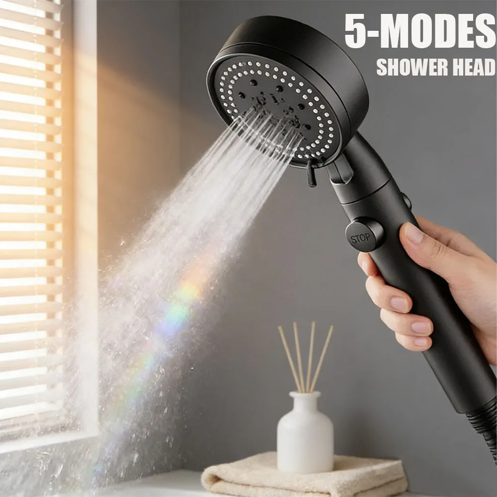 

Adjustable Showerheads 5 Modes High Pressure Shower Head Bathroom Accessories with Hose Water Saving One-Key Stop Spray Nozzle