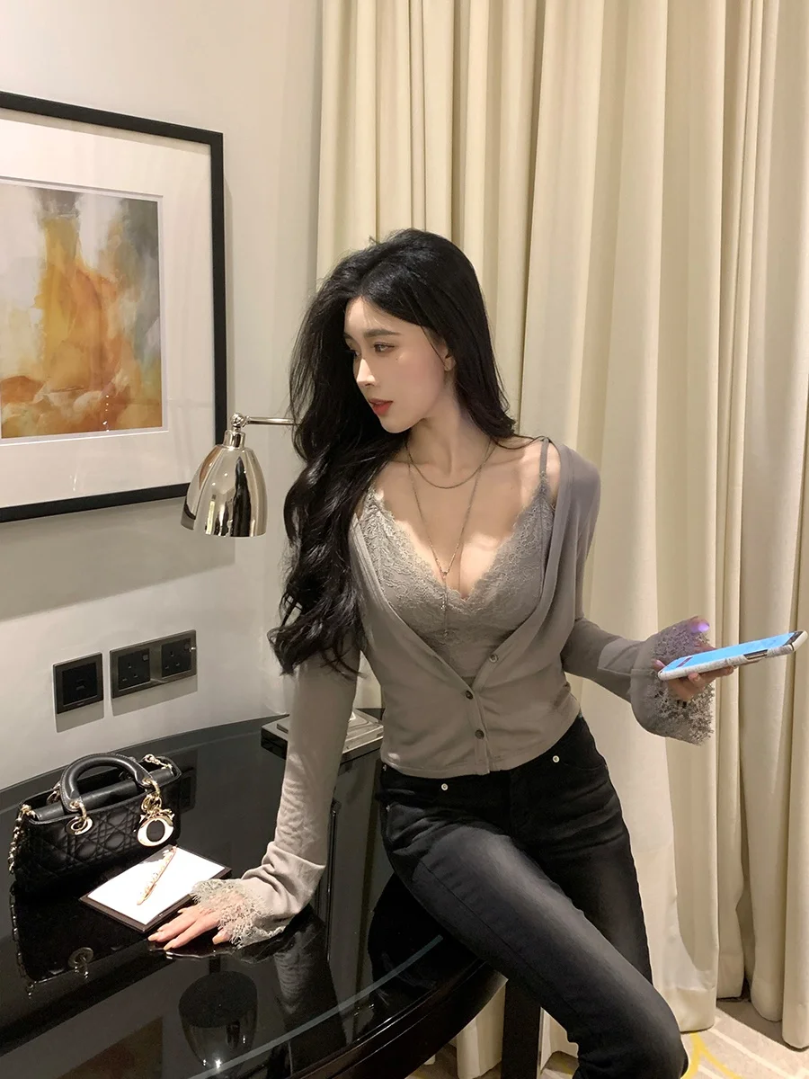 

Chenxi He Lazy Lace ort Sve Long Sve V-Ne Design Sense Комплект из двух предметов Женская осенняя коллекция Faion из нейлоновой ткани